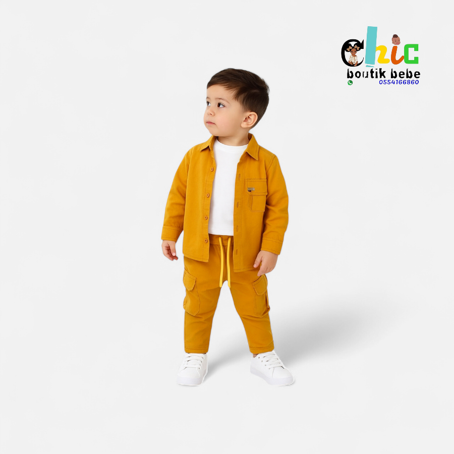 Ensemble 3 pièces bébé garçon moutarde – Veste, t-shirt et pantalon cargo (0–24 mois)